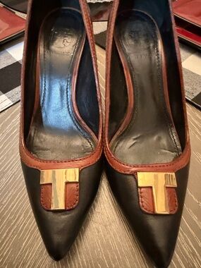 Tory Burch Black and Brown Pointed Toe Pumps with Gold T Accent